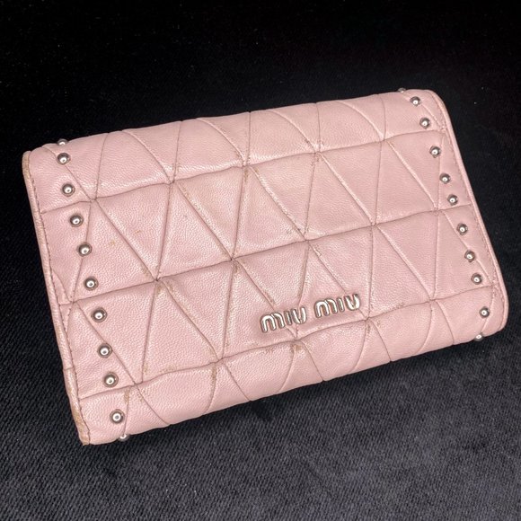 Miu Miu Nappa Leather Geometric Quilted Studded Turnlock Trifold Wallet - Picture 11 of 15